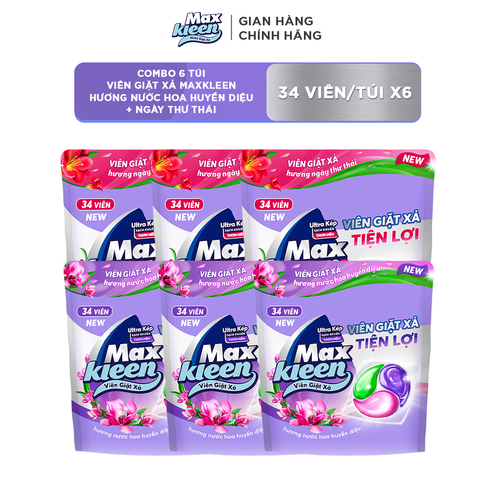 Combo 6 Túi viên giặt xả MaxKleen gồm 3 Túi hương Nước Hoa Huyền Diệu + 3 Túi hương Ngày Thư Thái (34 viên/ túi)