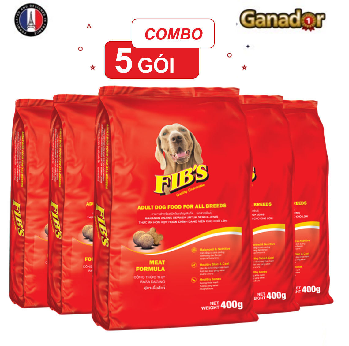 Combo 5 gói thức ăn cho chó trưởng thành Fib's 400 gram