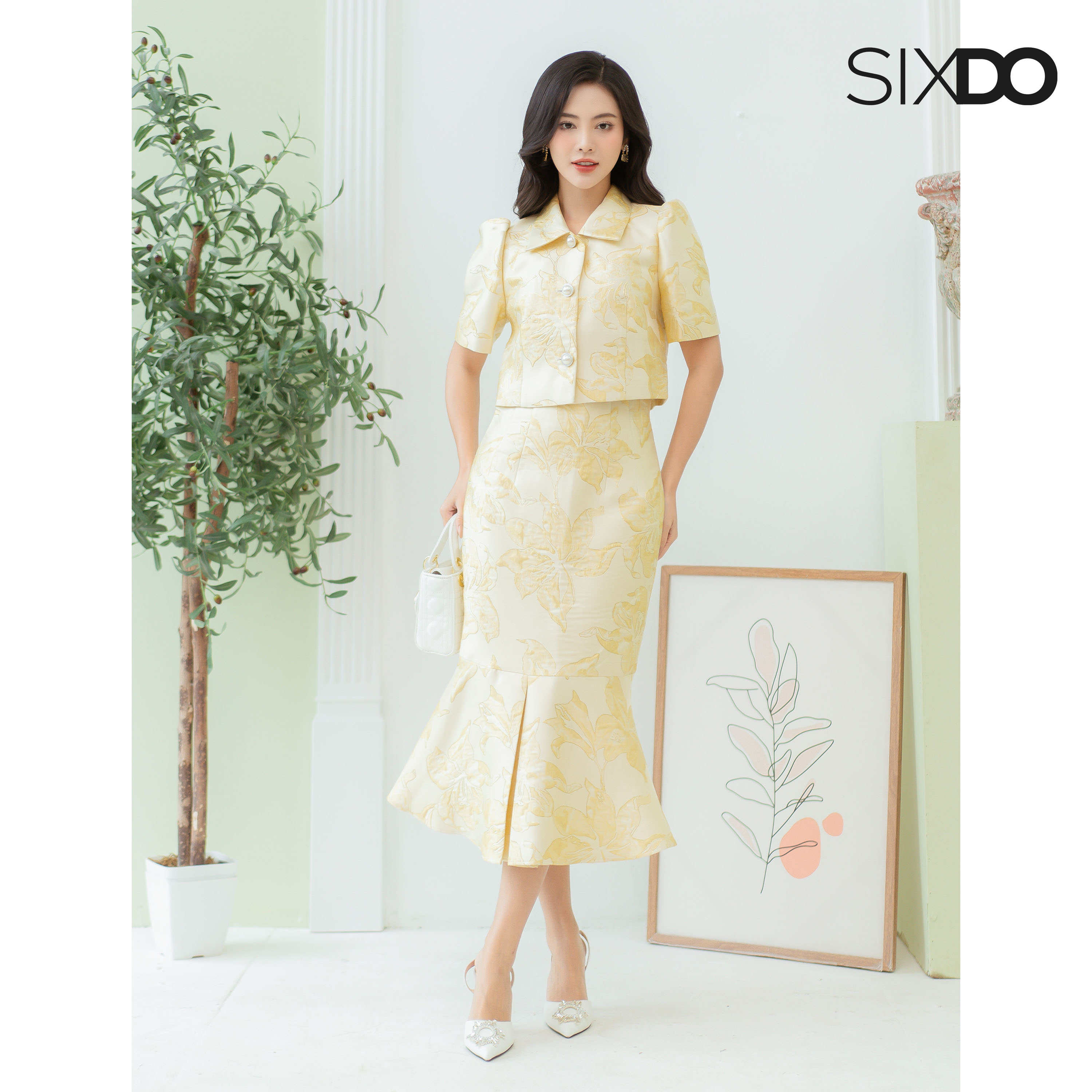 Chân váy gấm đuổi cá SIXDO (Light Yellow Lily Midi Brocade Skirt)