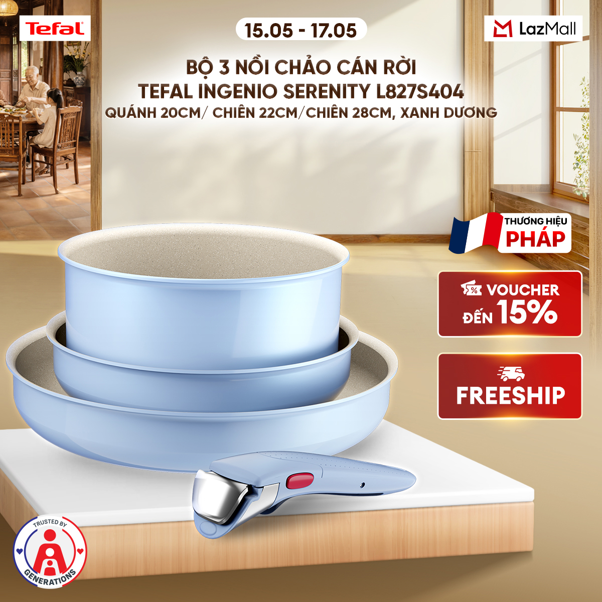 Bộ 3 nồi chảo cán rời Tefal Ingenio Serenity L827S404, quánh 20cm/ chiên 22cm/chiên 28cm, xanh dương pastel