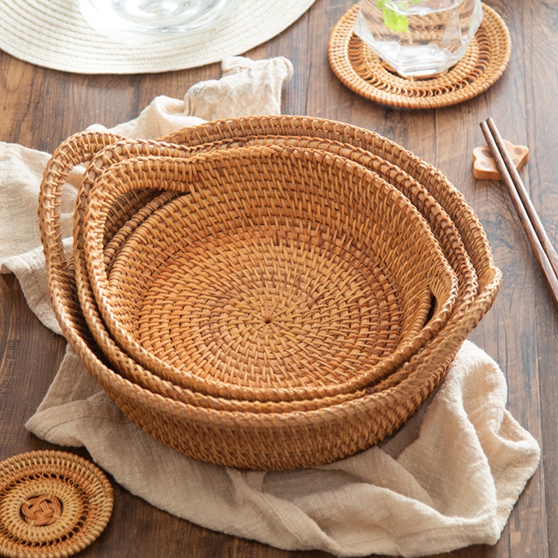Rổ mây tre đan đựng đồ vintage Tre Làng - Rổ đựng hoa quả, bánh trái đan thủ công - rattan basket trays