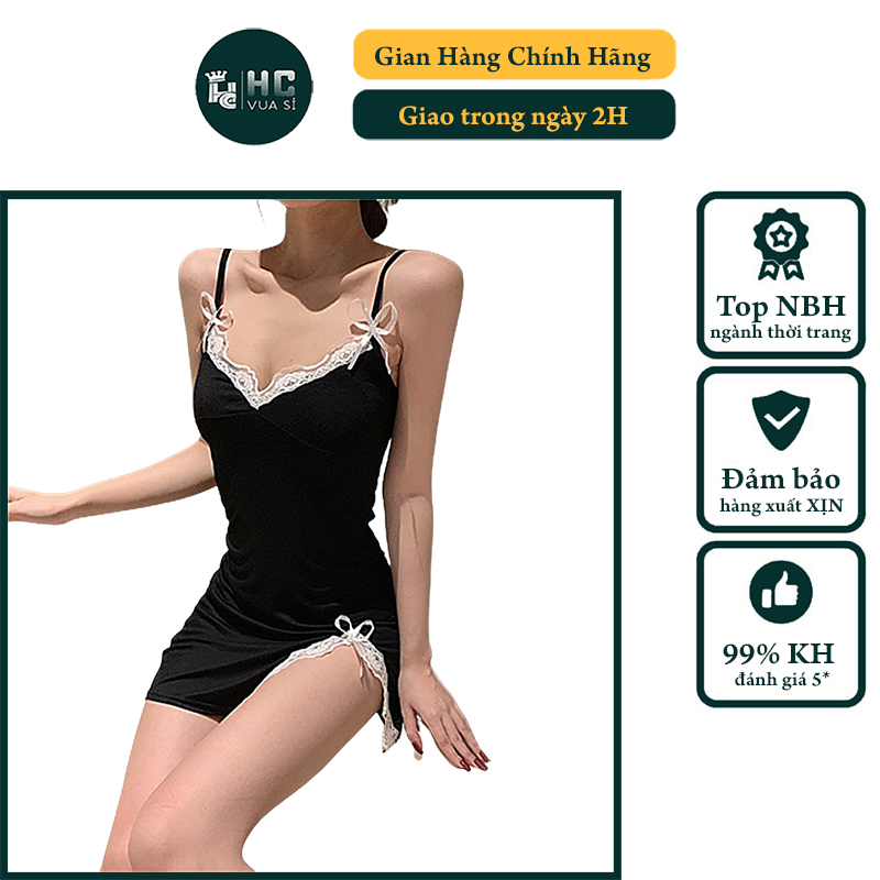 Đầm ngủ 2 dây sexy hcvuasi, đầm 2 dây boby gợi cảm chất liệu thun gân phối ren viền nơ xẻ tà tặng quần chip - hc52