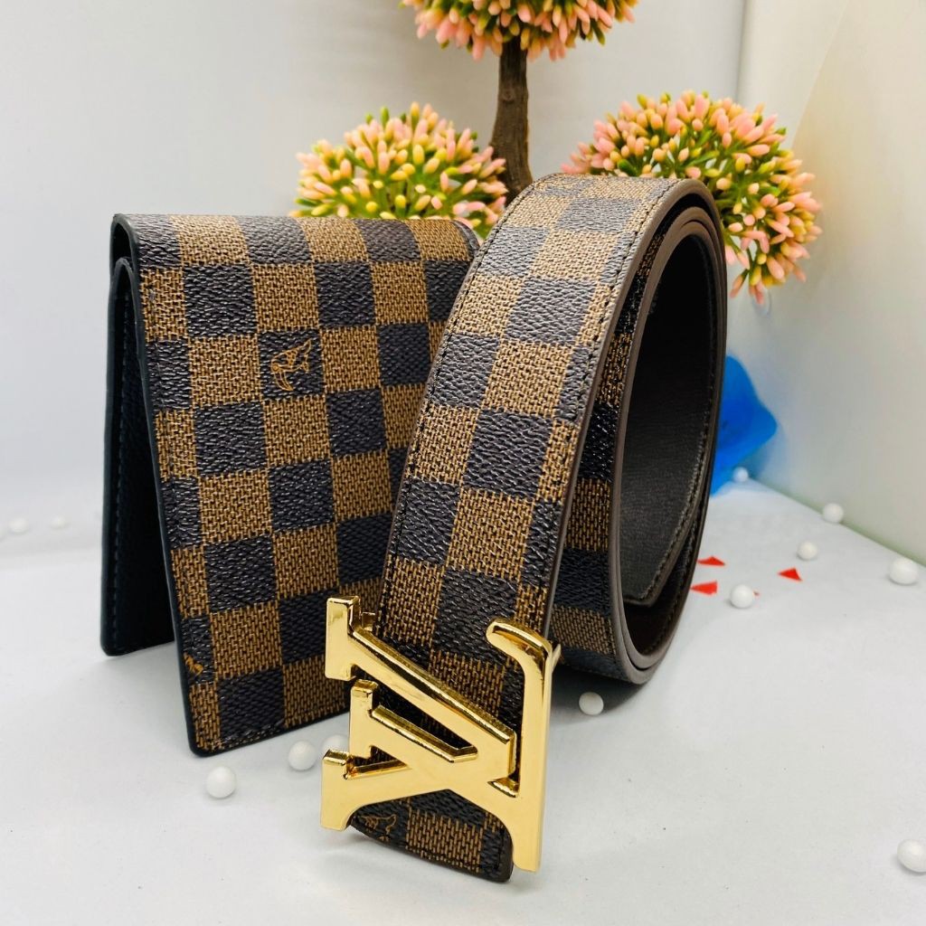 COMBO Thắt Lưng/Dây Nịt + Ví Da Nam Cao Cấp Kẻ Caro Da Tổng Hợp PVC HOT HIT 2021 Có 2 Màu Nâu Xám