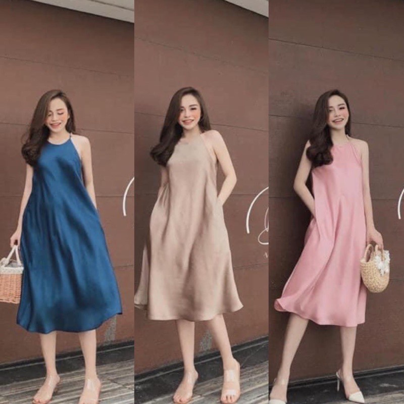 Váy xuông cổ yếm lụa dáng rộng 3 màu - Đầm suông freesize dáng dài, váy bầu lụa mịn xinh xắn