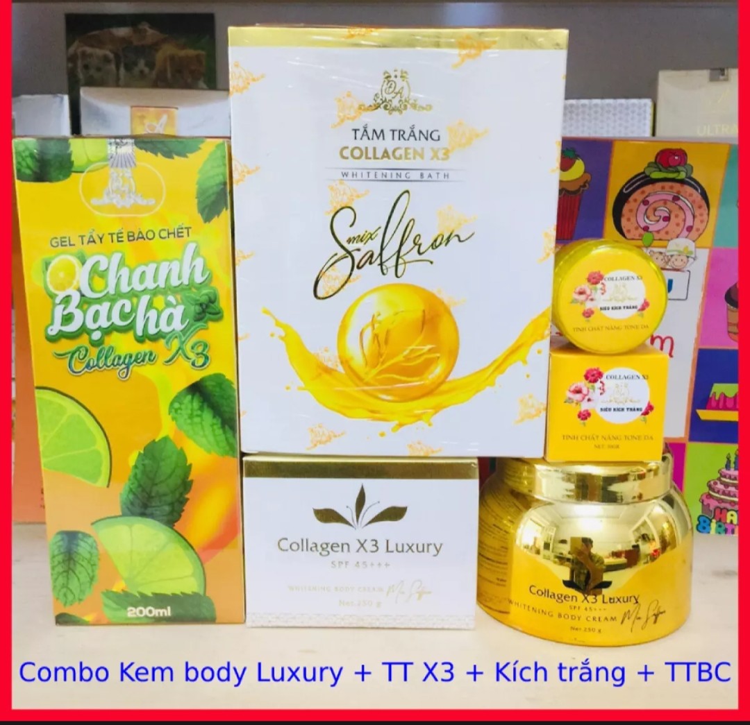 Combo trắng da cao cấp kem Body Collagen X3 Luxury Đông Anh + Tẩy tế bào chết X3 + Tắm trắng X3 + Kích trắng Đông Anh X3