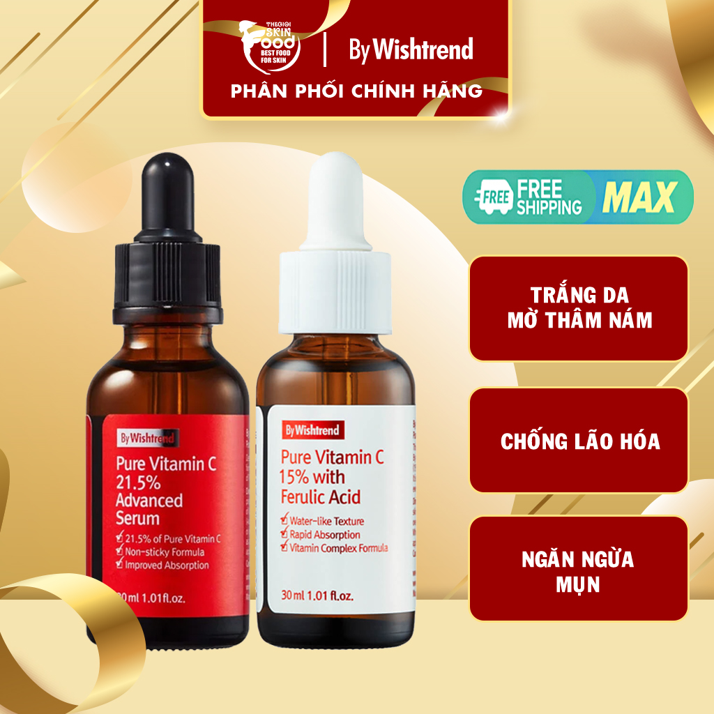 Tinh chất vitamin c nồng độ cao dưỡng trắng da, mờ thâm nám by wishtrend pure vitamin c 21.5 advanced serum & vitamin c 15% with ferulic acid 30ml