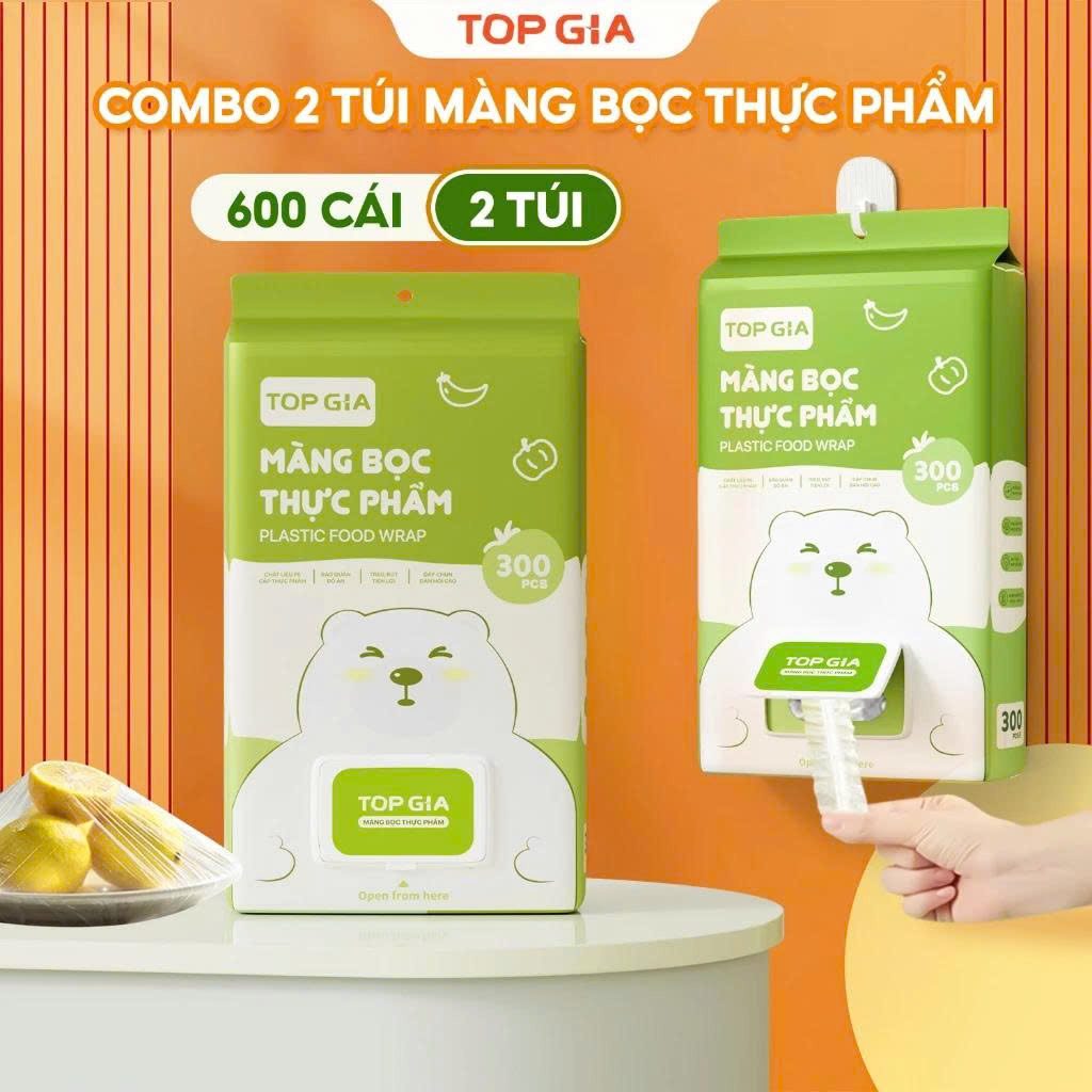  Màng bọc thực phẩm Topgia chất liệu PE co dãn miệng chun siêu dai an toàn tiện lợi bịch 300 chiếc 