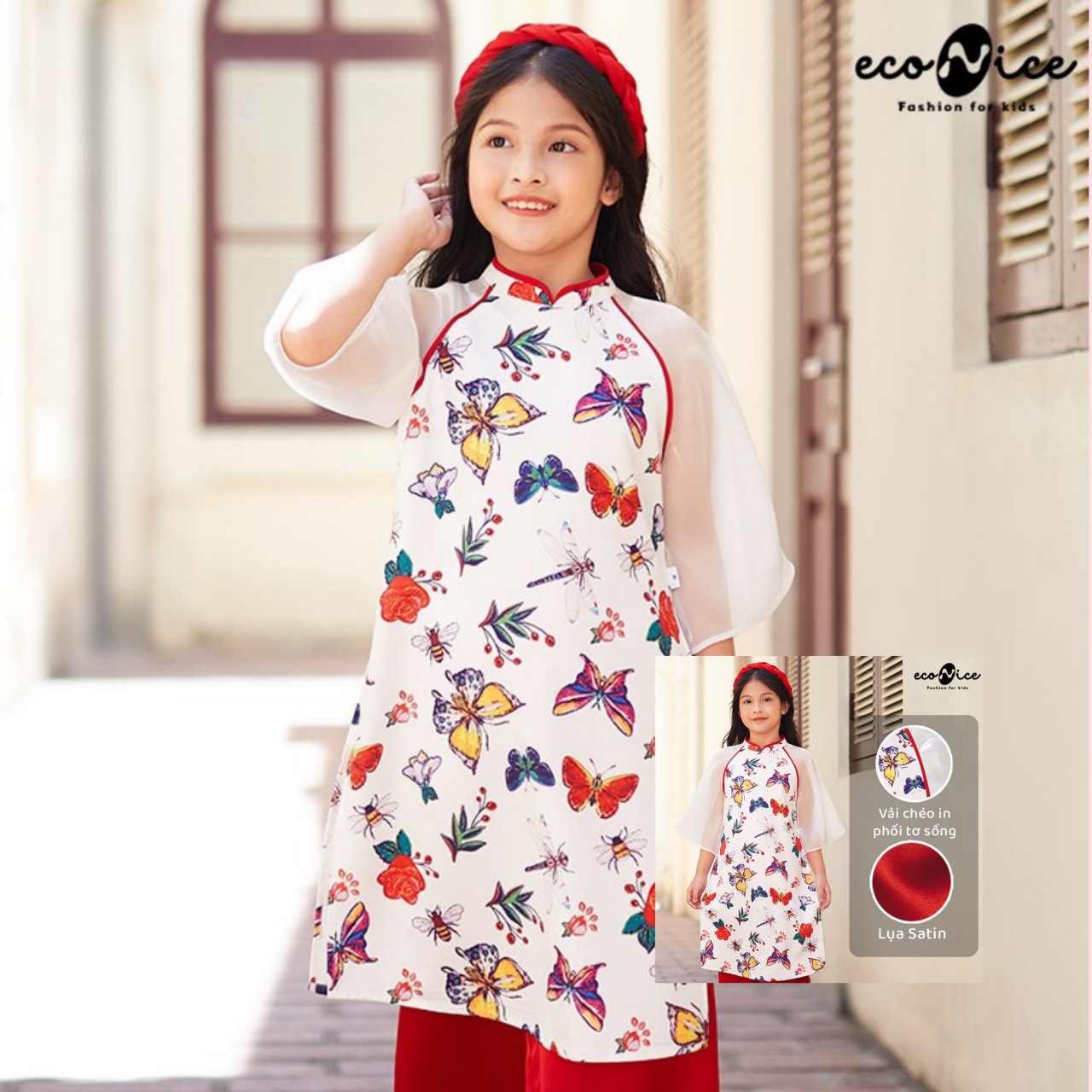 Áo dài bé gái, Áo dài cách tân bé gái chất tơ lụa mềm họa tiết dễ thương kèm mấn MS-79