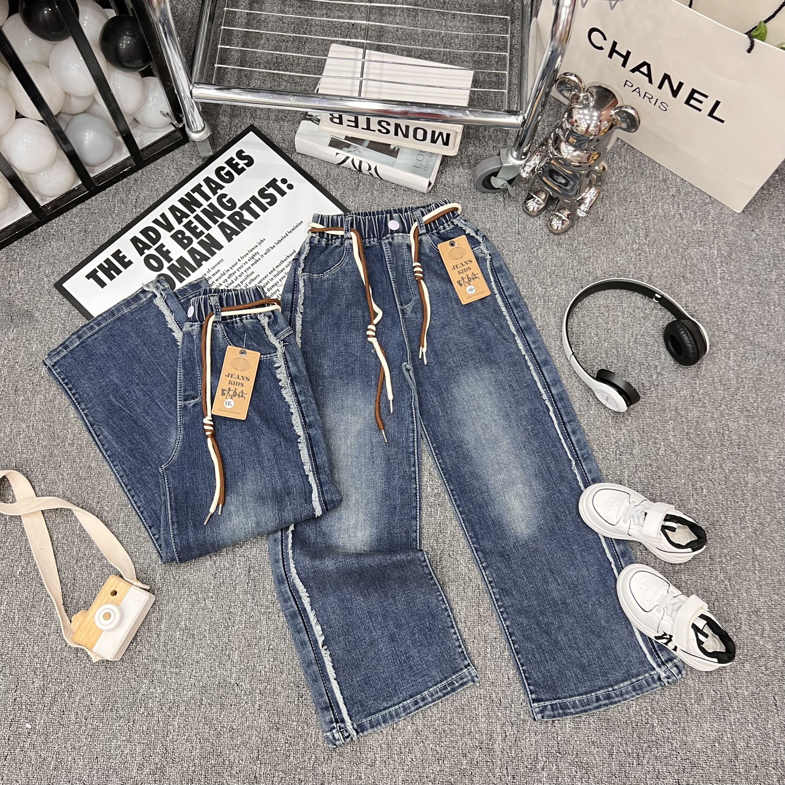Quần jean ống xuông cho bé gái size 20-40kg, quần jean cho bé gái, quần jean ống rộng cho bé gái dây rút nâu