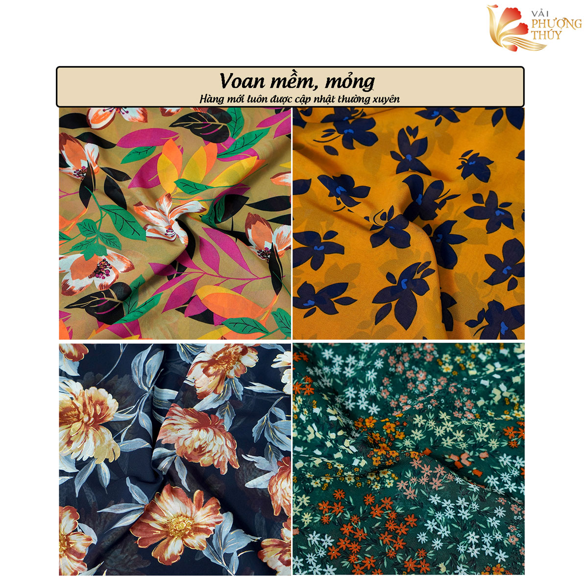 Vải Voan Chiffon PHƯỢNG THÚY họa tiết hoa nhí, vải may đồ đa dạng, ứng dụng vải may đầm, may váy chất mỏng cần lót khổ ngang 1m50