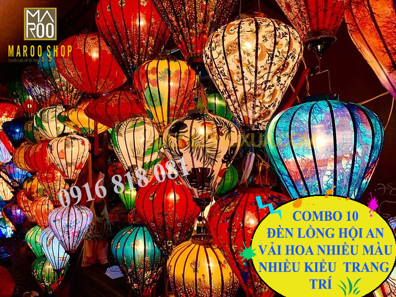 Combo 10 đèn lồng Hội An size 40cm / 45 cm vải lanh hoa nhiều màu họa tiết độc đáo chuyên dùng trang trí