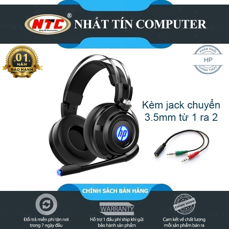 Tai nghe chụp tai HP H200 chuyên game có led - kèm jack chuyển 1 ra 2 (Đen) - Hãng phân phối chính thức - Nhất Tín Computer