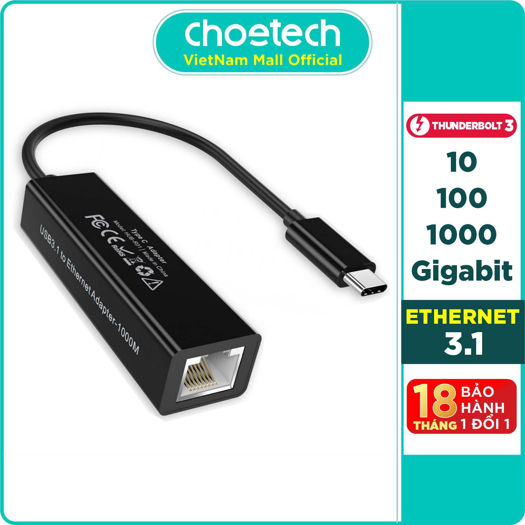 Hub Adapter Chuyển Đổi Cổng USB Type C To Lan Ethernet RJ45 CHOETECH HUB-R01 - Hàng Chính Hãng