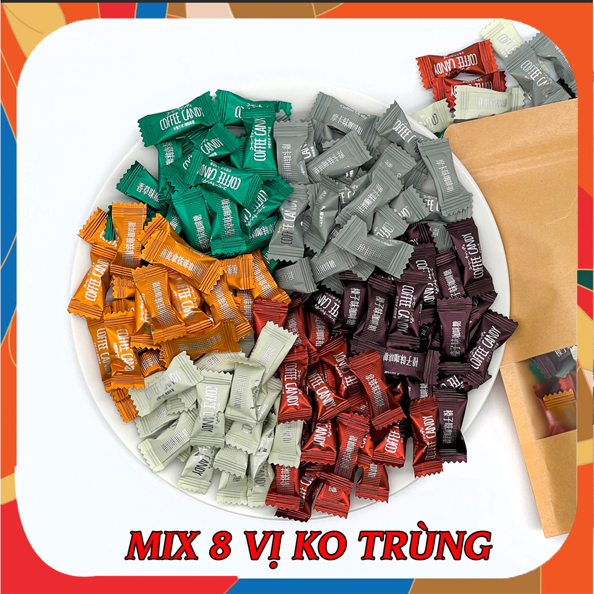 Kẹo cà phê không đường giảm cân mix 8 vị coffee candy pamiriter - gói 100g - 500g siêu ngon