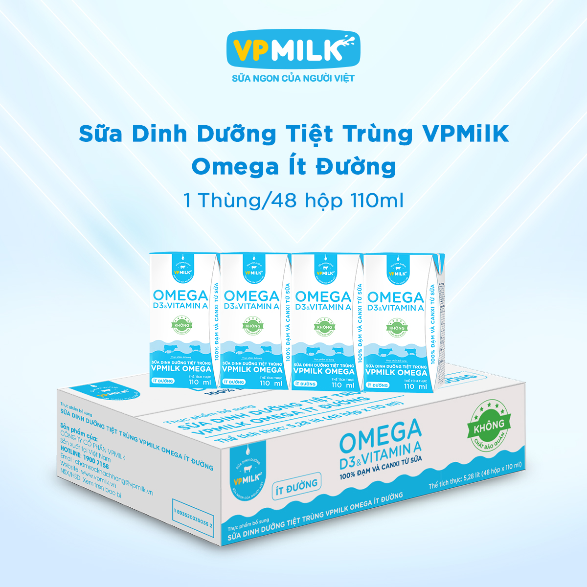 [Thùng 48 hộp 110ml] Sữa Dinh Dưỡng Tiệt Trùng VPMilk Omega ÍT ĐƯỜNG dạng hộp