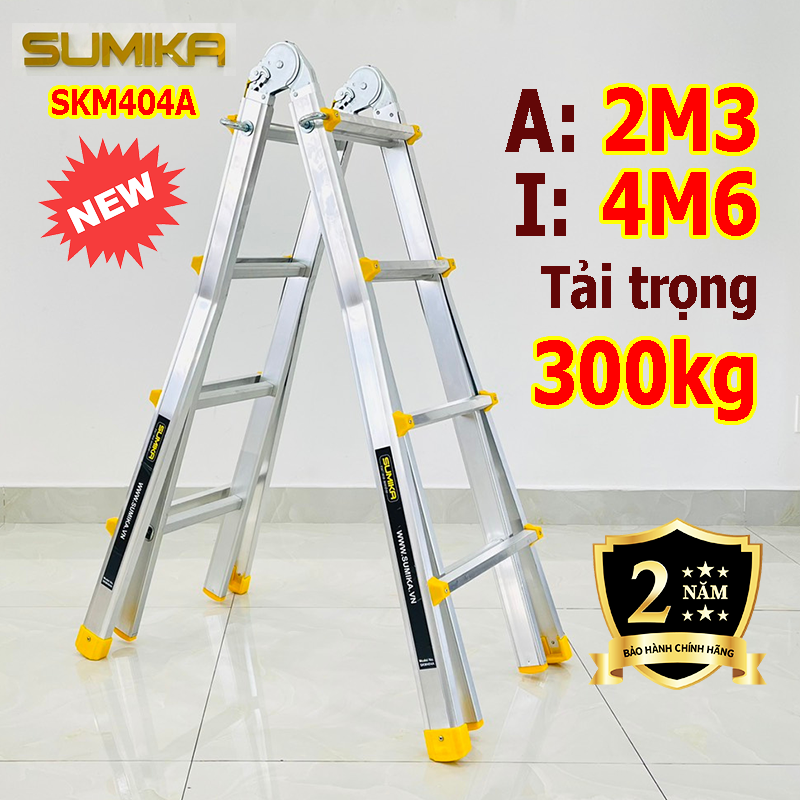 Thang nhôm chữ A rút lồng SUMIKA New SKM404A chiều cao chữ A 2m2, chiều cao chữ I 4m6. Thang nhôm gấp trượt, thang đa năng Sumika bảo hành 2 năm
