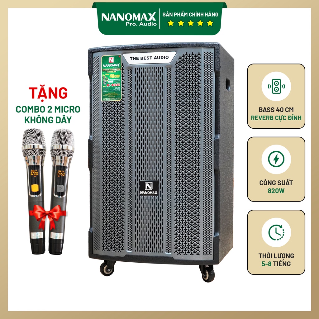 Loa kéo karaoke công suất lớn 820w | loa kéo giá rẻ nanomax k-180 | loa kéo bluetooth đọc được usb thẻ nhớ tay kéo sang trọng tặng kèm 2 mic hát karaoke rk82