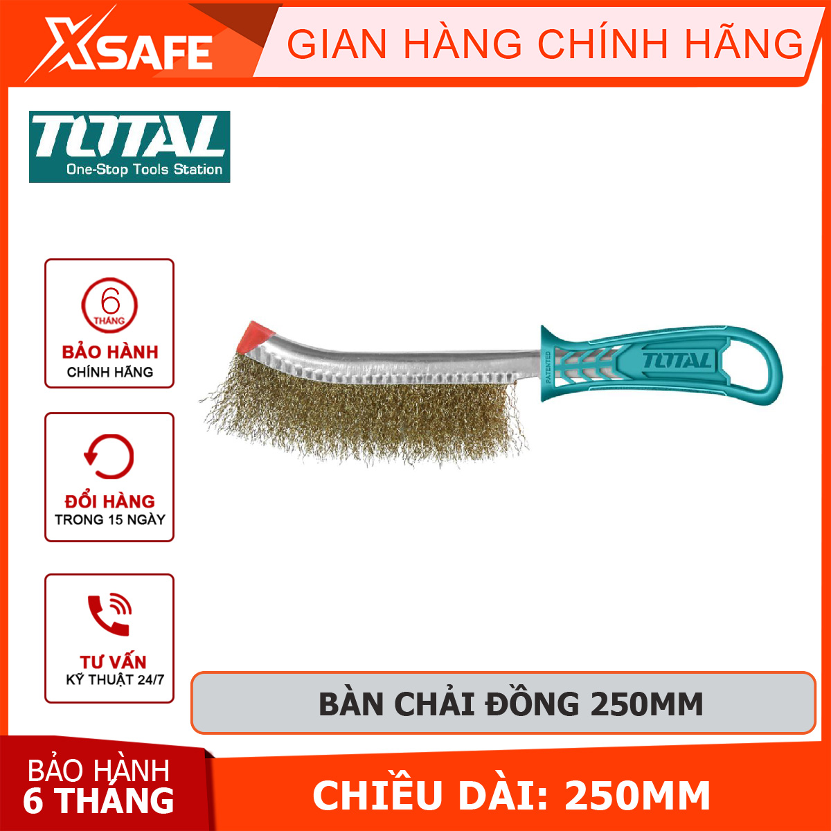 Bàn chải thép đồng total tht92102 cọ thép chiều dài 250mm làm sạch các vết nứt, góc, đánh rỉ sắt