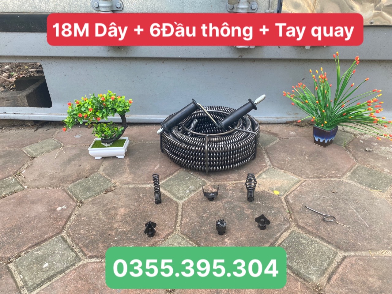 Dây thông tắc cống lò xo dùng tay quay dài 18m + 6 đầu thông + tay quay