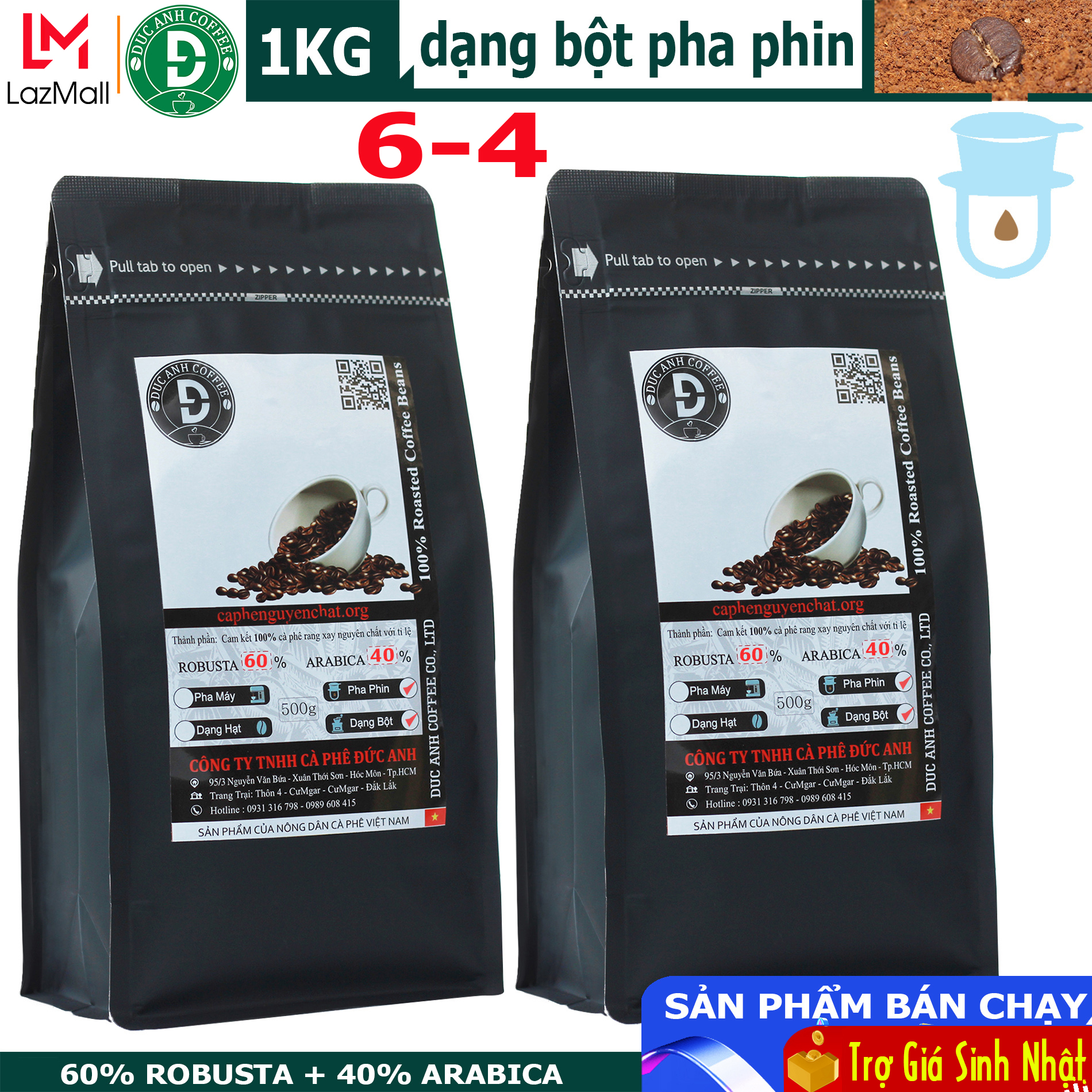 [sale trợ giá] 1kg Cà Phê nguyên chất pha phin D64 (60% Robusta + 40% Arabica) - DUC ANH COFFEE - đậm đắng - thơm ngon - vị chua nhẹ - Cà Phê Đức Anh cafe rang xay pha phin