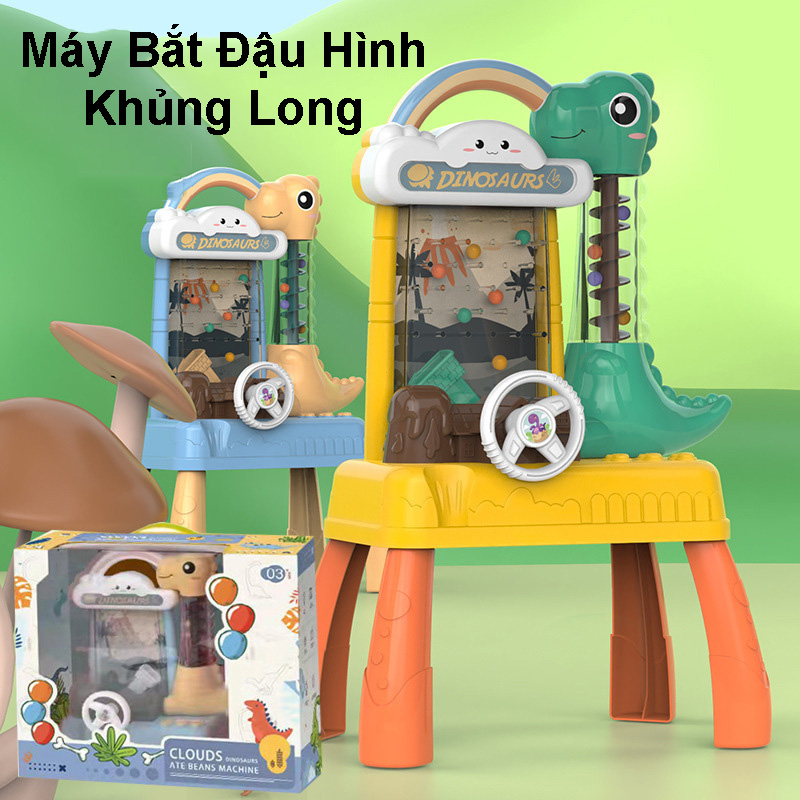 Đồ chơi máy bắt hạt đậu hình khủng long kèm vô lăng ôtô có đèn và nhạc vui nhộn cho bé, đồ chơi giải trí pinball trẻ em
