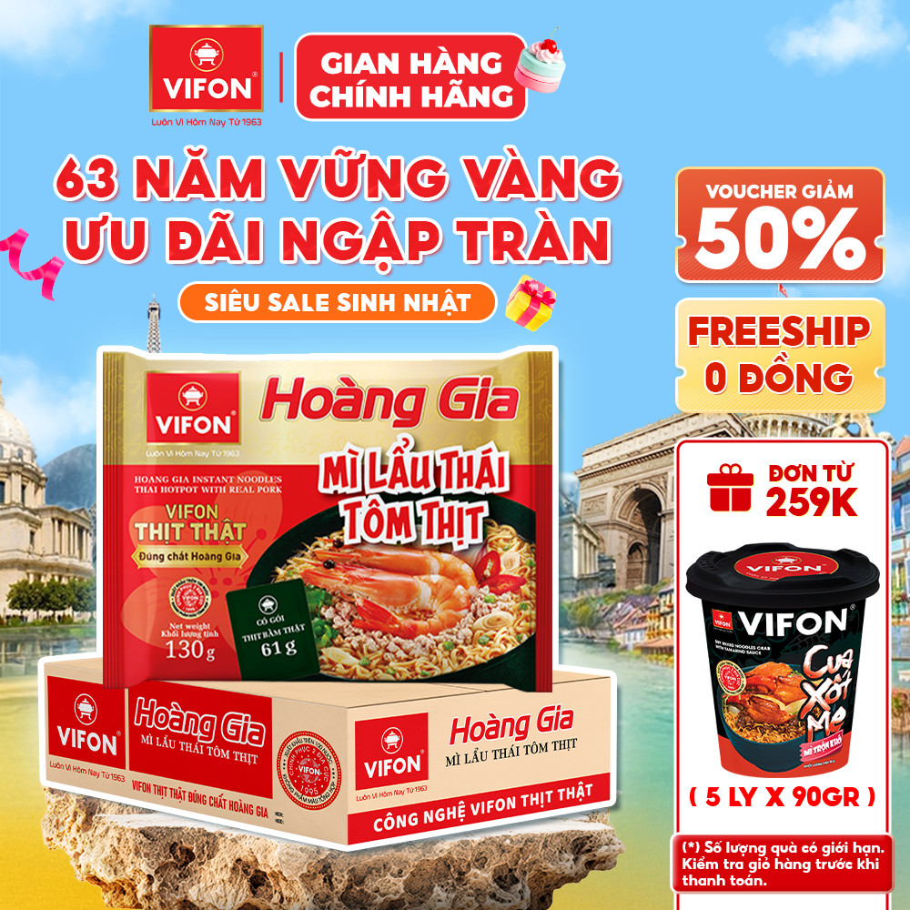 [Voucher 28% đơn từ 400K] Thùng 18 Gói/ Set 5 Gói Mì Lẩu Thái Tôm Thịt Hoàng Gia VIFON 130g Có Gói Thịt Bằm Thật