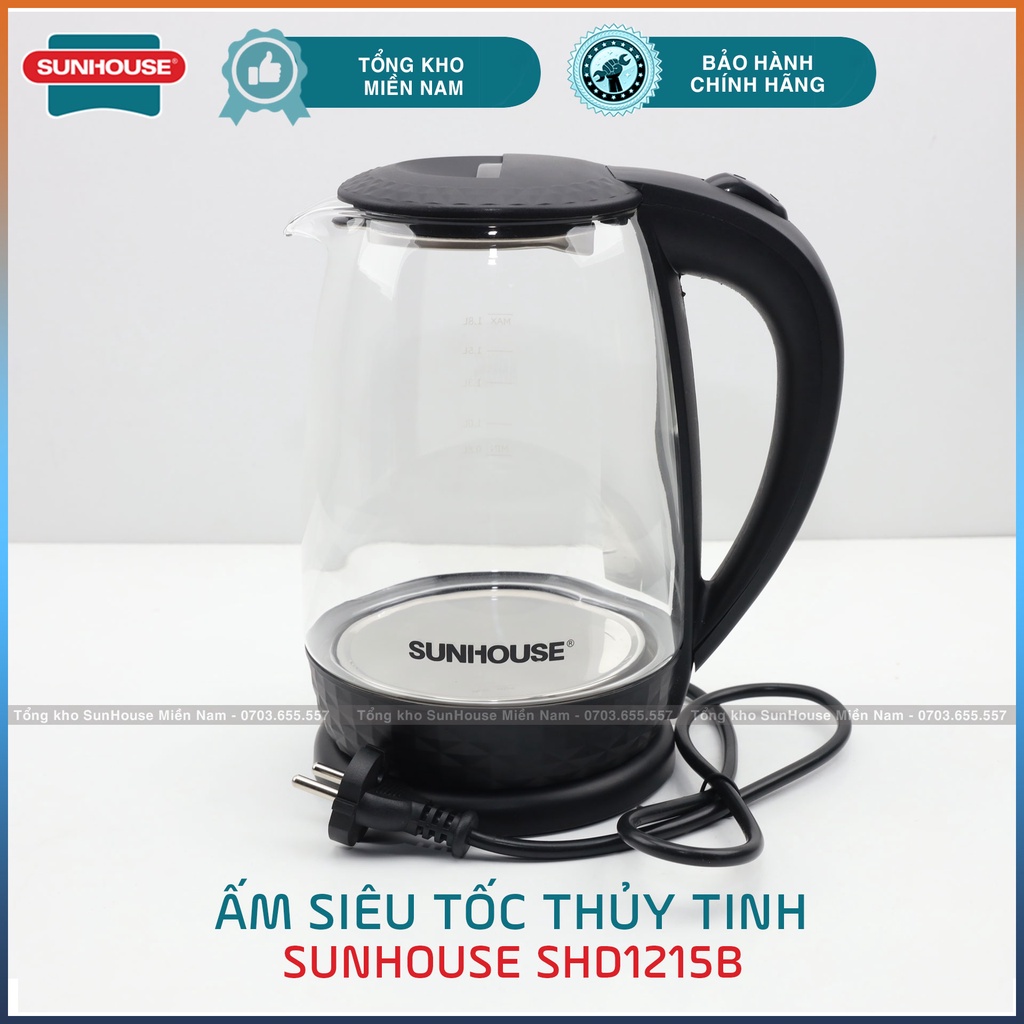 Ấm đun nước siêu tốc thủy tinh trong suốt 1,8l sunhouse fullbox - hàng chính hãng
