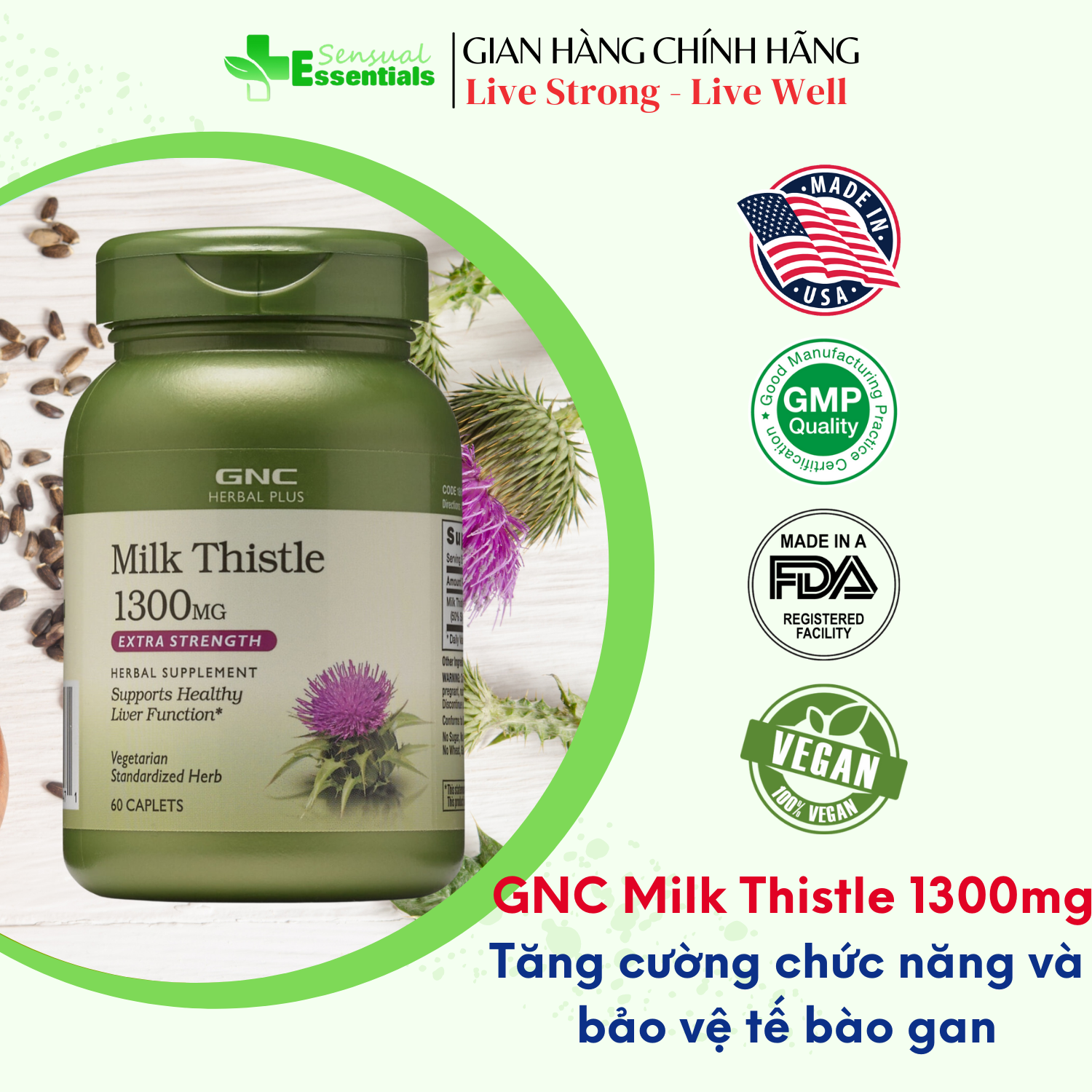 [CHÍNH HÃNG] GNC Milk Thistle 1300mg - Viên uống hỗ trợ chức năng gan, thanh lọc, giải độc gan