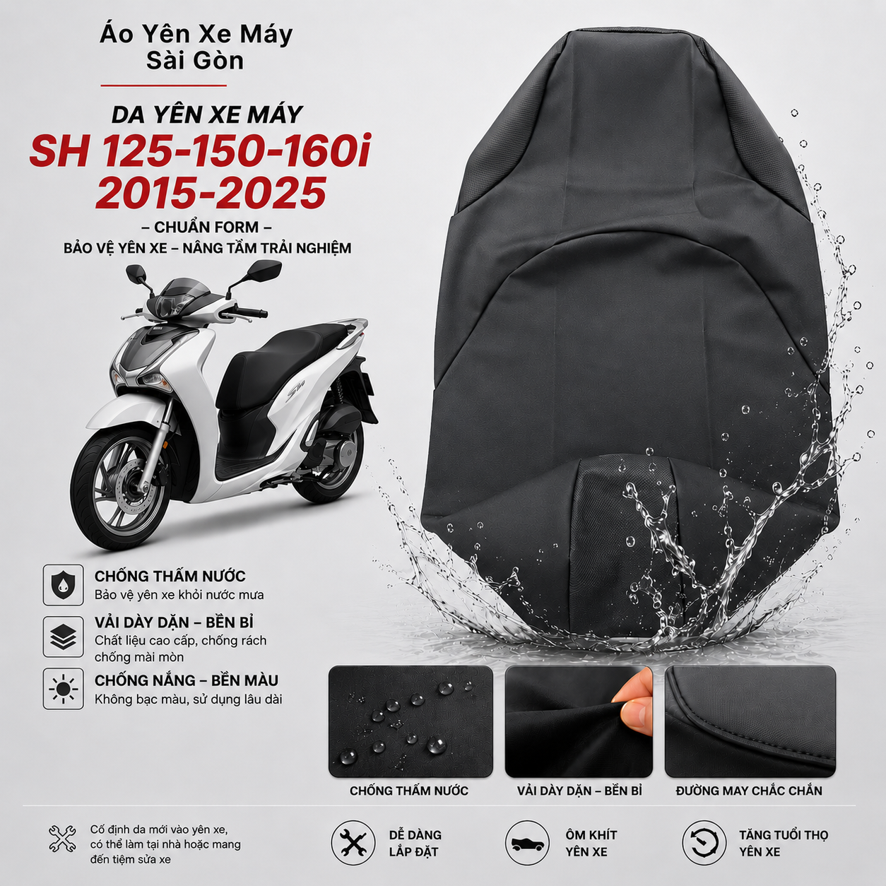 Da bọc yên xe máy SH 125-150-160i đời xe 2015 - 2026 - Vải Dày - Chống Nắng Mưa - Bền Bỉ - Bảo Vệ Yên Xe