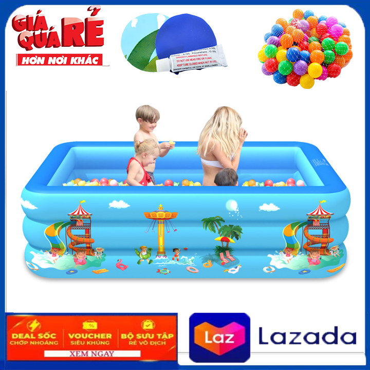 Bể bơi 3 tầng (130x90xCao50cm) Tặng Bóng, bể Phao bơi bơm hơi, bể bơi cho bẻ 3 tầng hình chữ nhật Hồ bơi Phao bơi Nhà banh Nhà bóng /