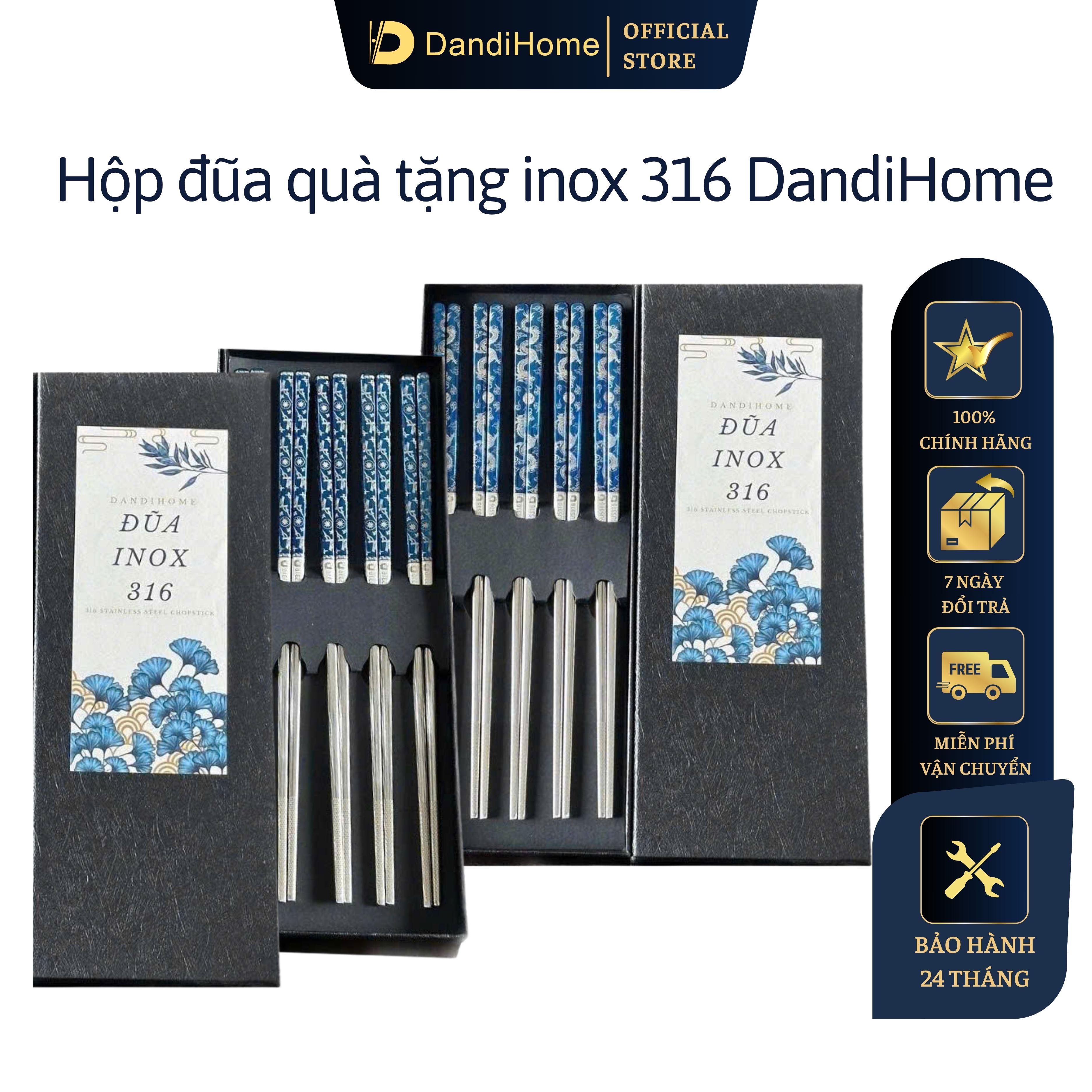 Bộ đũa inox 316 quà tặng DandiHome cao cấp mạ Titanium Plated