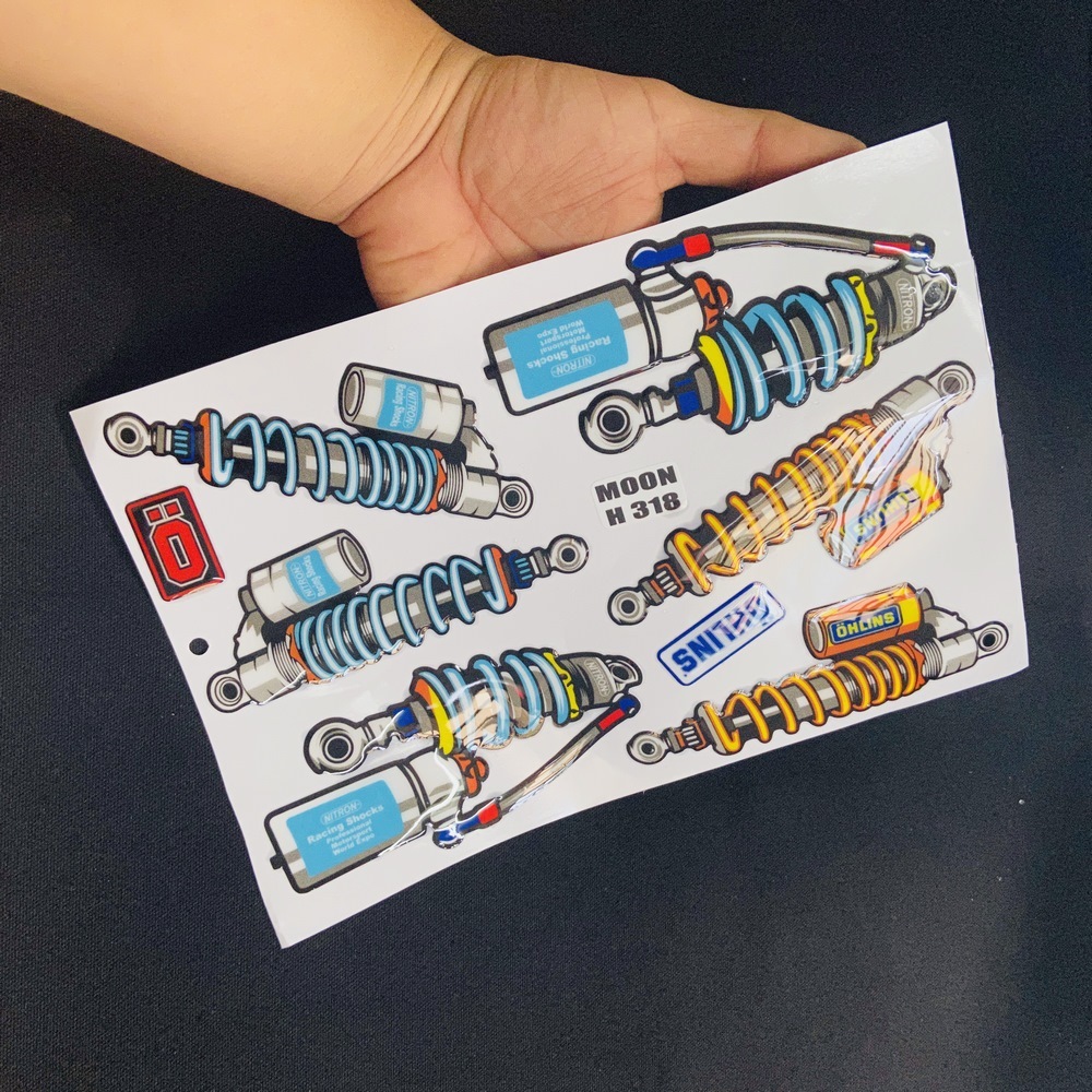 [Tem phuộc xe] Bộ 6 tem LOGO hình phuộc xe, tem phũ nhựa trang trí xe máy, nón bảo hiểm, vật dụng siêu dễ thương