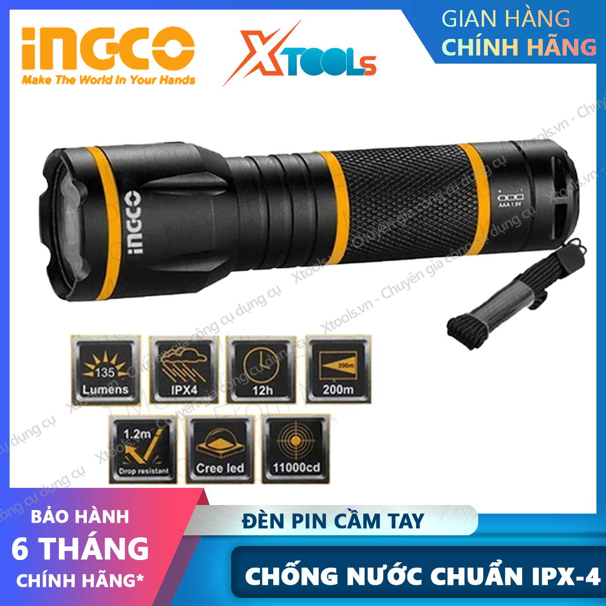 Đèn pin cầm tay mini siêu sáng ingco hfl013aaa1 vỏ hợp kim nhôm chống rỉ sét, pin 3a, chống nước ipx-4, led r3 samsung