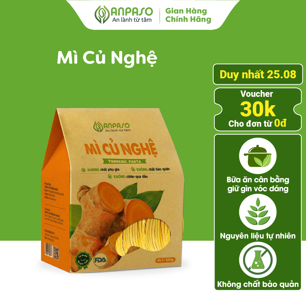 Mì Củ Nghệ Nguyên Chất ANPASO Eat Clean, Thanh Mát, Giảm Cân, Ăn Chay, Bổ Sung Chât Xơ, tốt cho tiêu hóa 120g