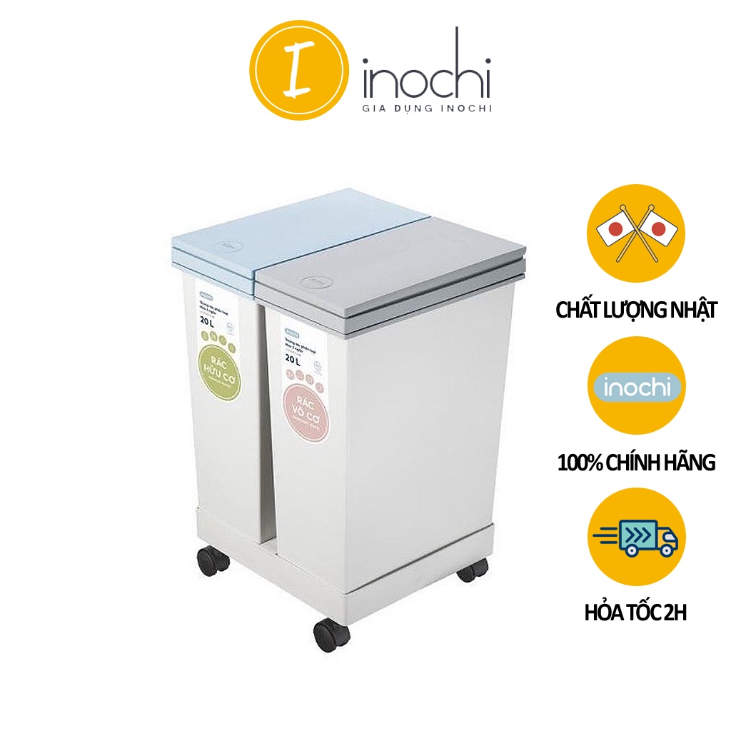 Thùng rác phân loại 2 ngăn 20L có 4 bánh xe di động - thùng rác đa năng chính hãng Inochi