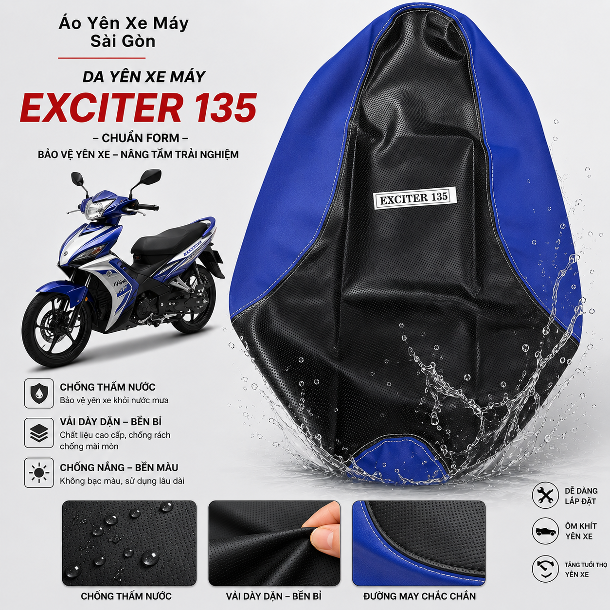 Da bọc yên xe máy EXCITER 135, EXCITER 150, EXCITER 2006-2010 - Vải Dày - Chống Nắng Mưa - Bền Bỉ - Bảo Vệ Yên Xe
