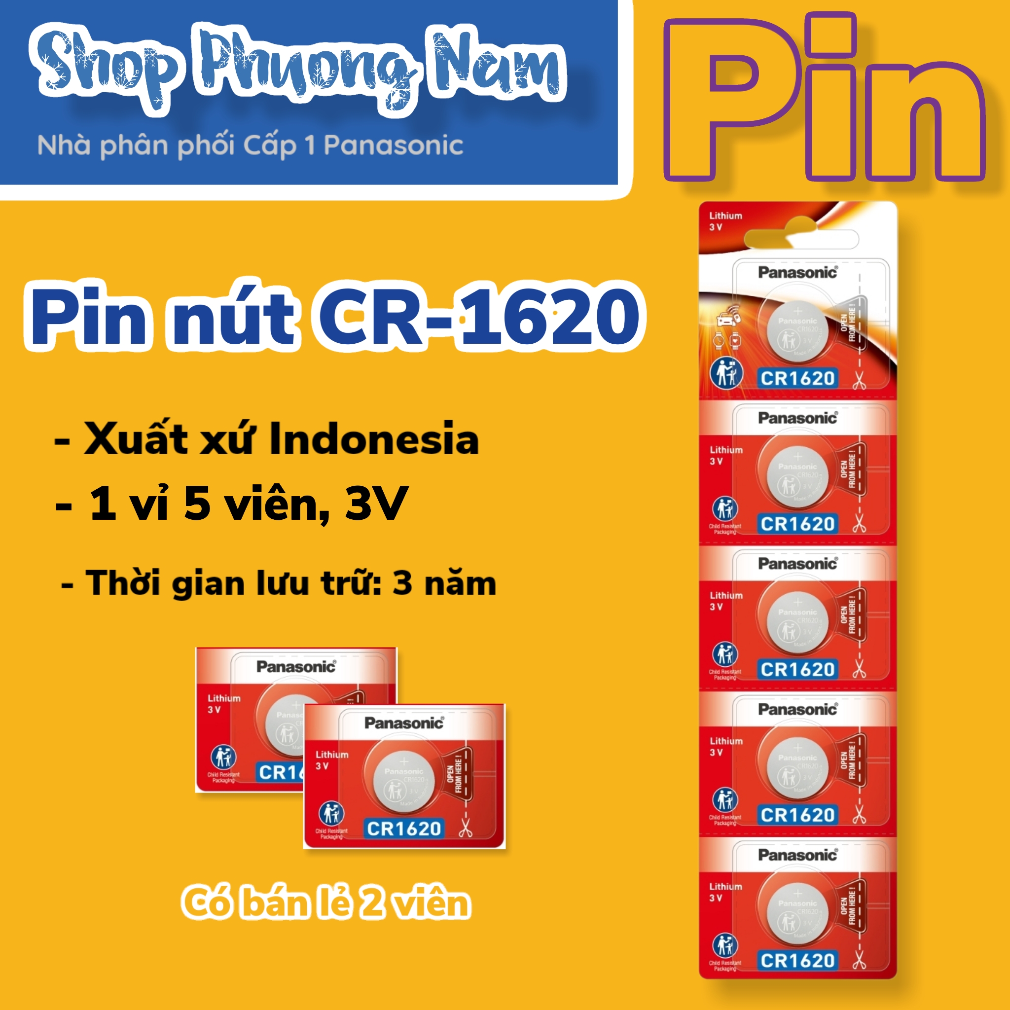 Pin nút 1 vỉ 5 viên pin 3v panasonic cr-1620/5be - pin phương nam
