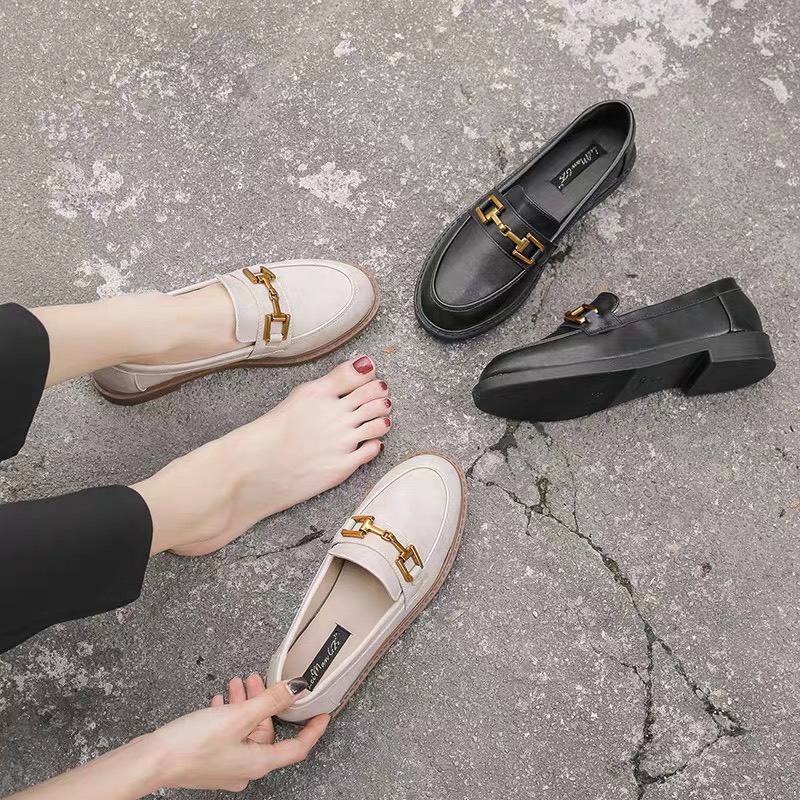 Giày loafer moca lười nữ bệt búp bê đế 3cm cao cấp đen trắng kem