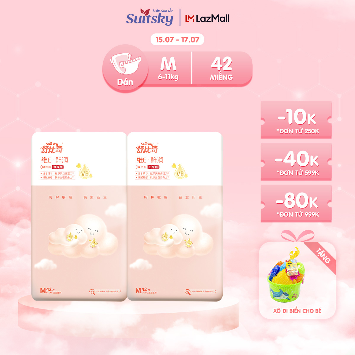 Combo 2 bịch tã/ bỉm dán suitsky vitamin e nội địa trung an toàn cho bé từ 6-11kg - size m42