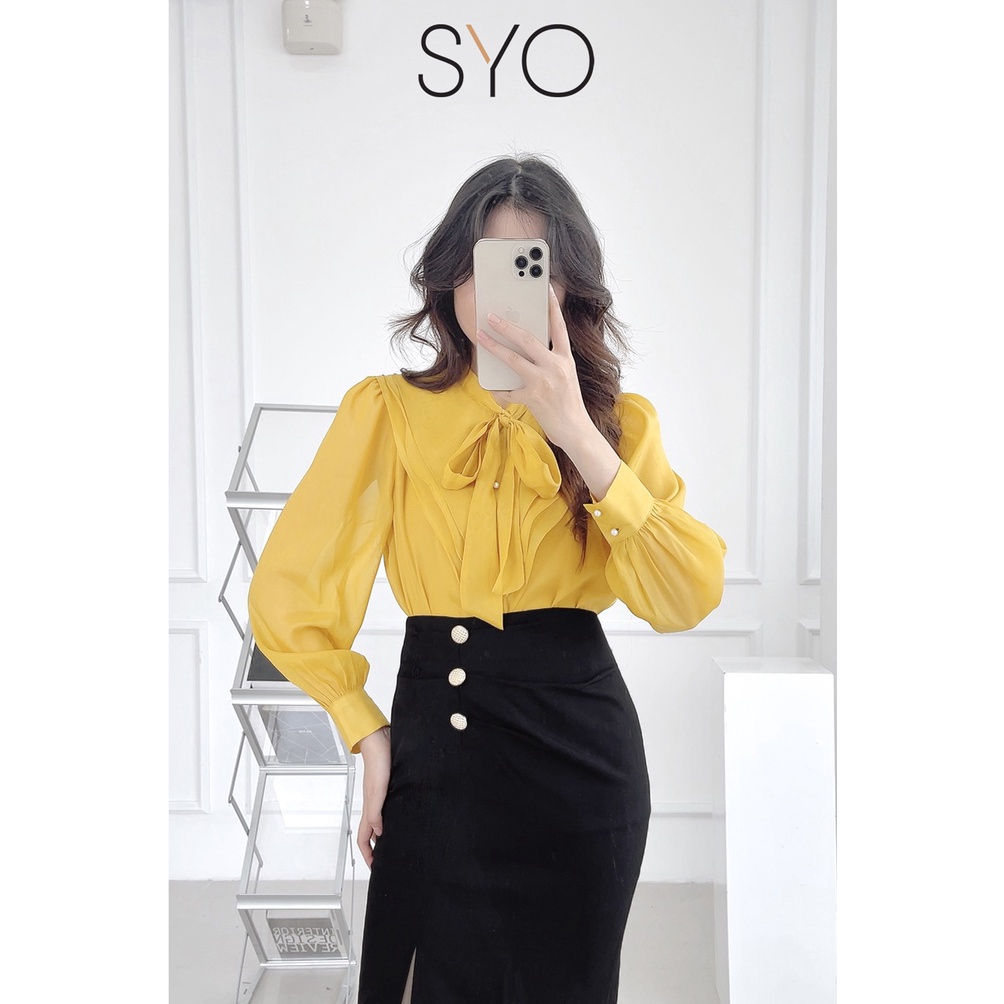Áo sơ mi bèo xếp tầng nơ cổ màu vàng a1025