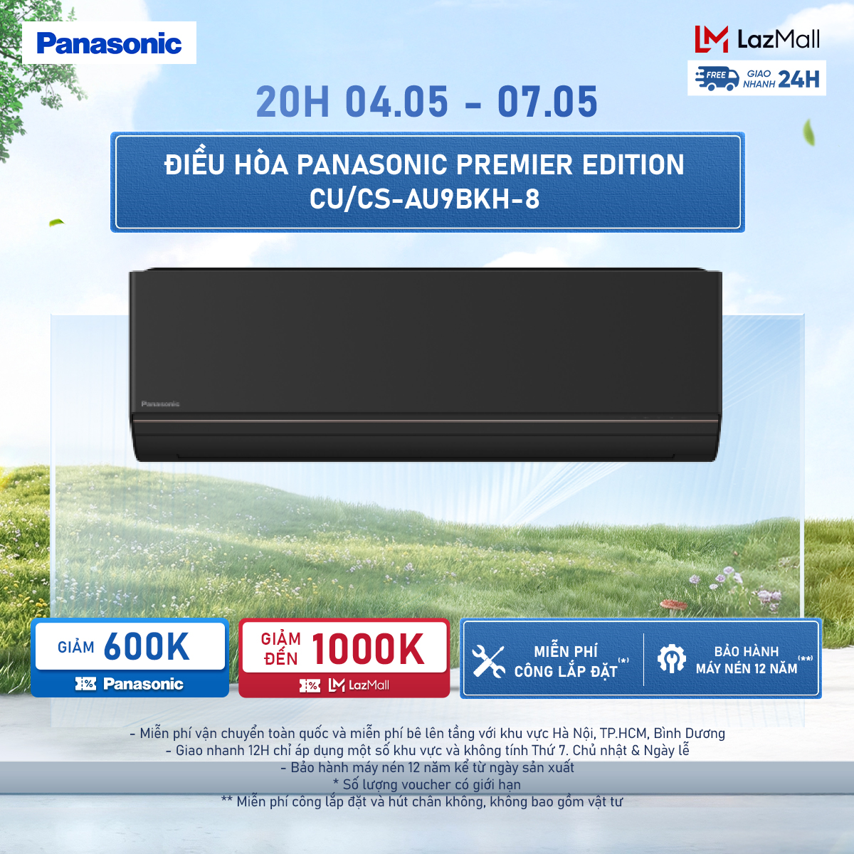 Điều hòa Panasonic Premier Edition CU/CS-AU9BKH-8 - 1HP - Một chiều - Lọc sạch không khí nanoeX - Wifi
