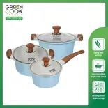Bộ 3 nồi đúc men đá xanh Sapphire tay cầm chống bỏng đáy từ 18 cm, 20 cm và 24 cm Green Cook GCS09 màu xanh dương, dùng được tất cả các loại bếp, công nghệ Hàn Quốc sản xuất tại Việt Nam - Hàng chính hãng greencook