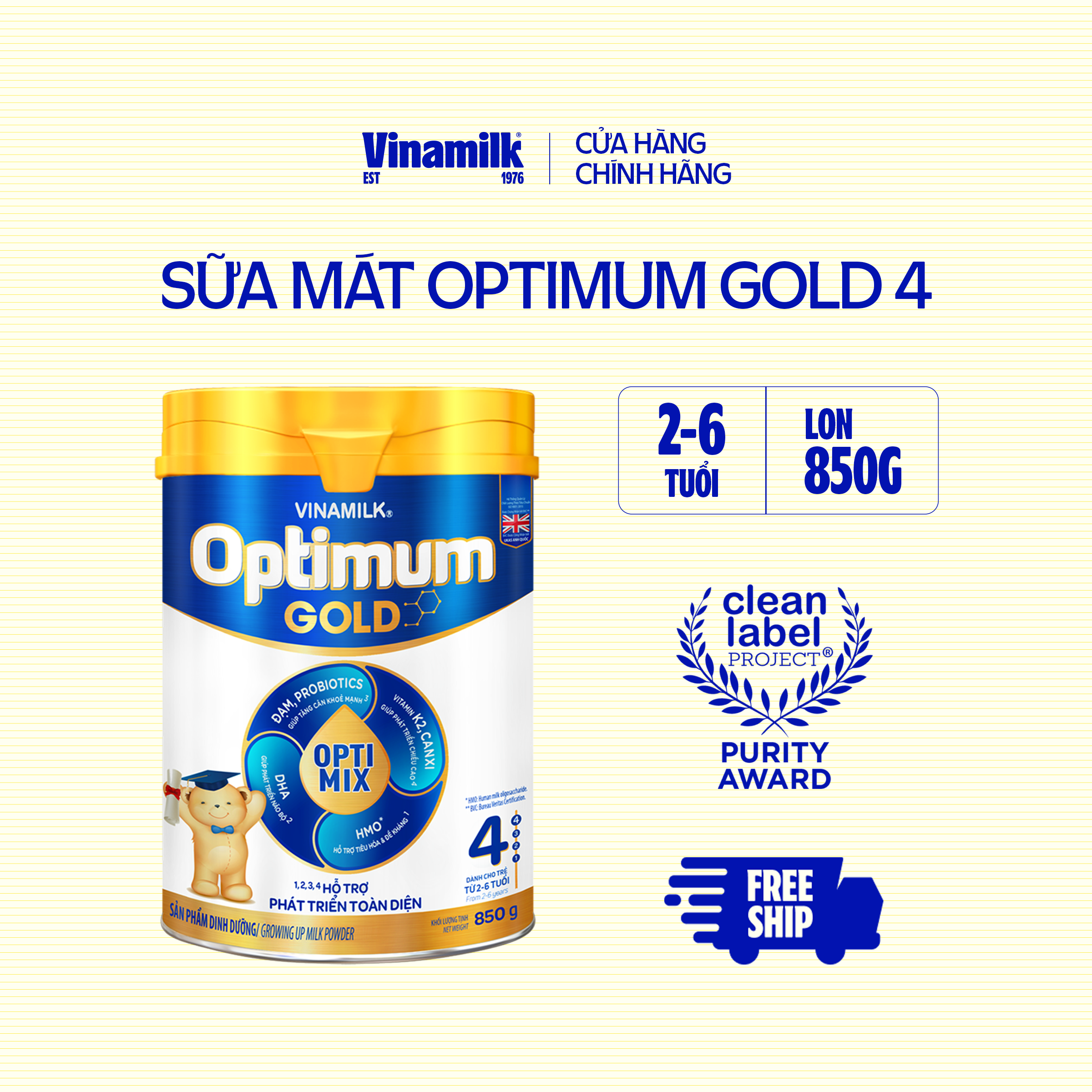 Sữa bột Vinamilk Optimum Gold 4-Hộp thiếc 850g (cho trẻ từ 2- 6 tuổi) - Sữa công thức giúp Tăng cân, chiều cao, tiêu hóa, phát triển não bộ