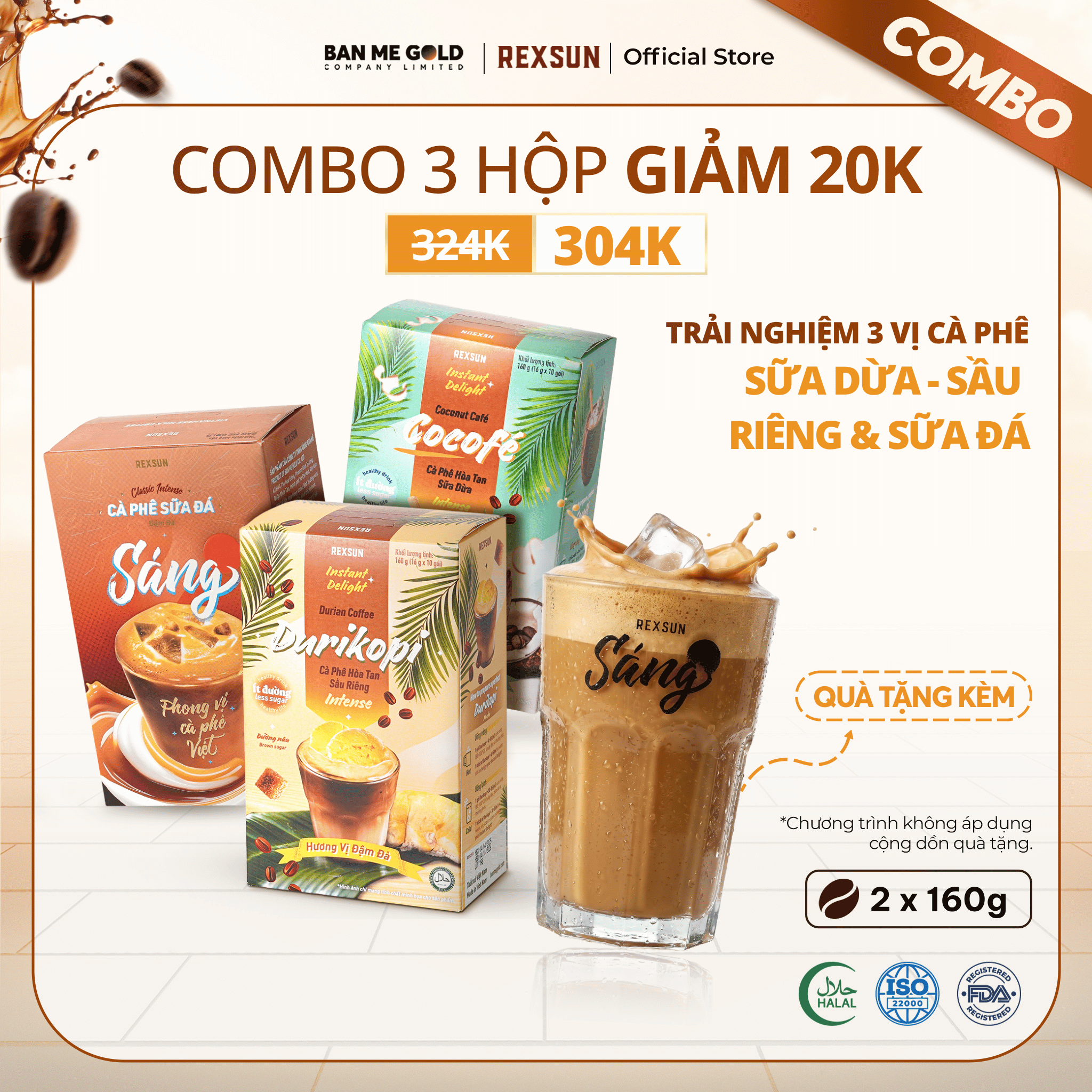 [COMBO THỬ VỊ] 3 Hộp Cà Phê Hòa Tan Sữa Dừa ĐẬM ĐÀ/Sầu Riêng ĐẬM ĐÀ/Sữa Đá ĐẬM ĐÀ - Cafe Gói Hòa Tan 3in1 - Rexsun