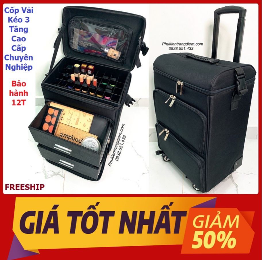 Vali kéo vải đựng đồ nail - phun xăm - nối mi - trang điểm 3 tầng bh 12t