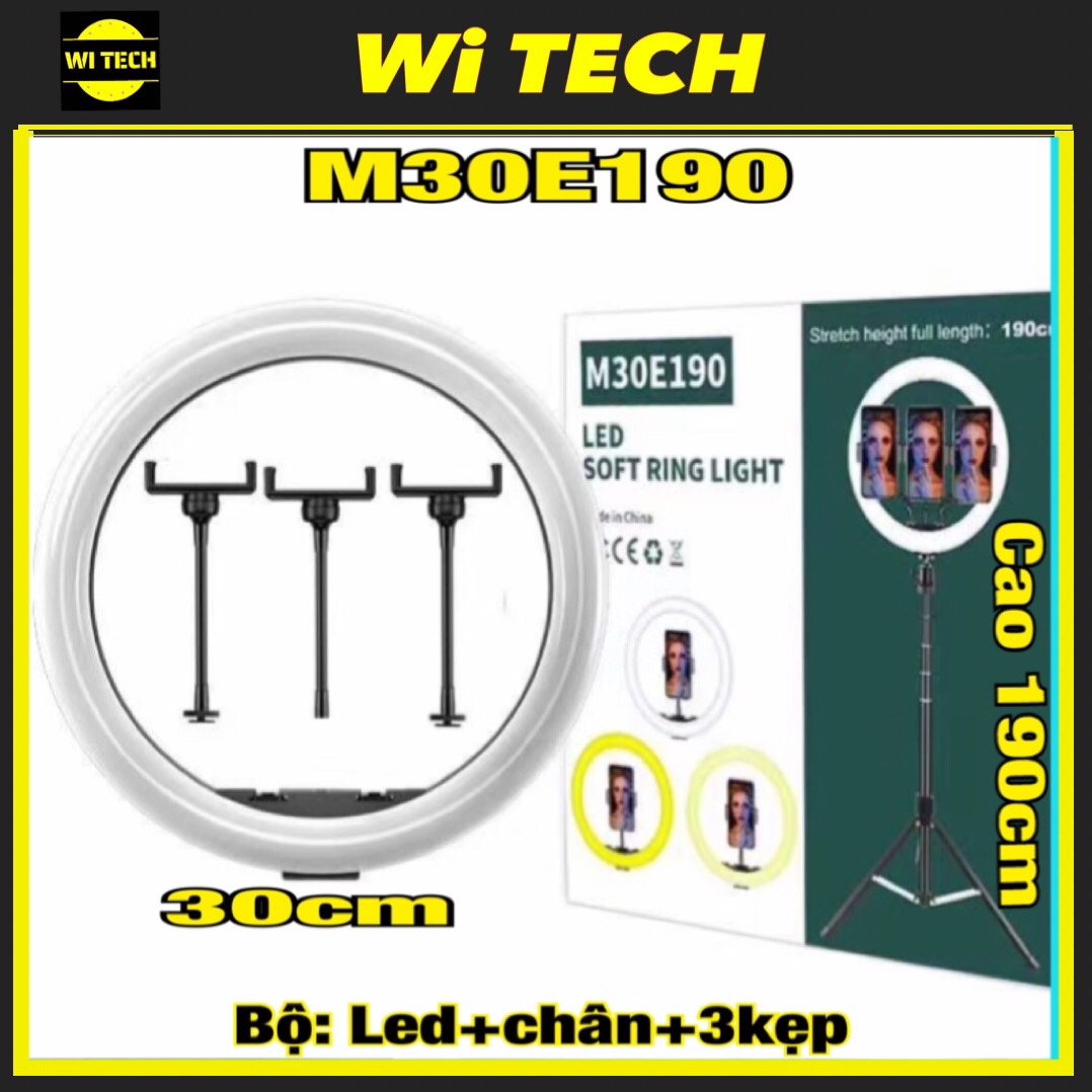 Đèn led livestream, selfie M30E190 30cm kèm tripod 3 chân, giá đỡ điện thoại 3 kẹp để chụp ảnh, quay phim, dùng để trang điểm và làm studio, selfie