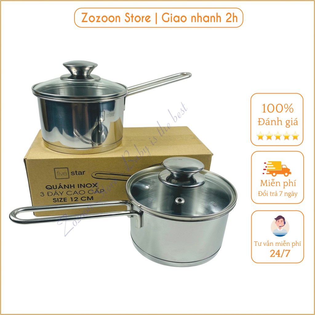 Quánh nấu bột inox, nồi nấu bột cho bé Five Star 3 đáy cao cấp size 12cm - Zozoon Store