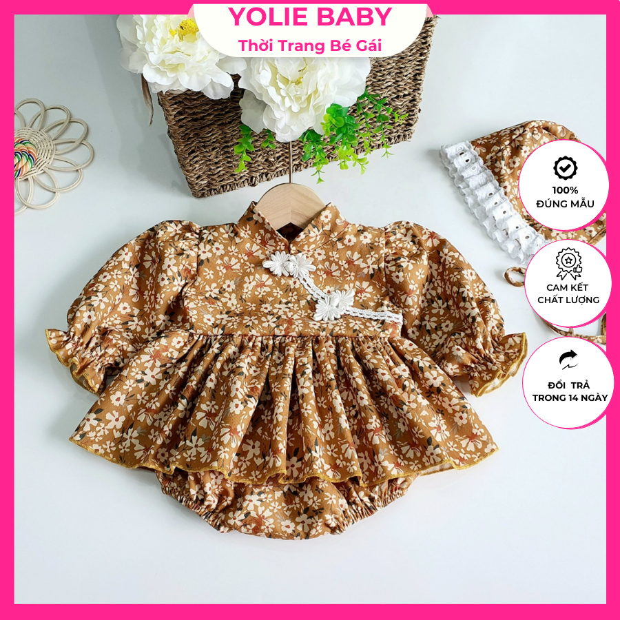 Body váy nhung hoa cổ tàu tặng kèm phụ kiện xinh cho trẻ sơ sinh,1 tuổi,2 tuổi