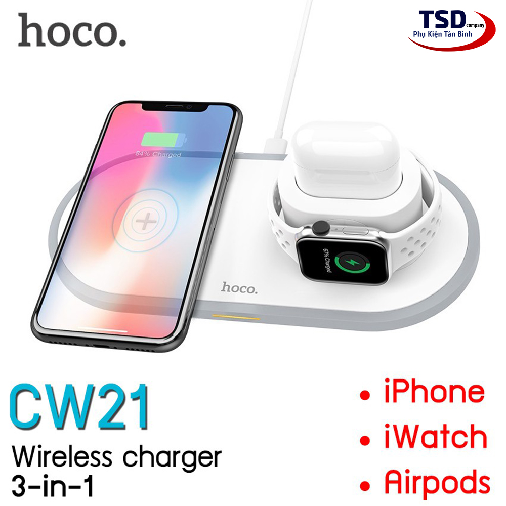 Đế Sạc Không Dây Hoco CW21 3 in 1 Chính Hãng Sạc Cùng Lúc Điện Thoại, Appe Watch, Airpod