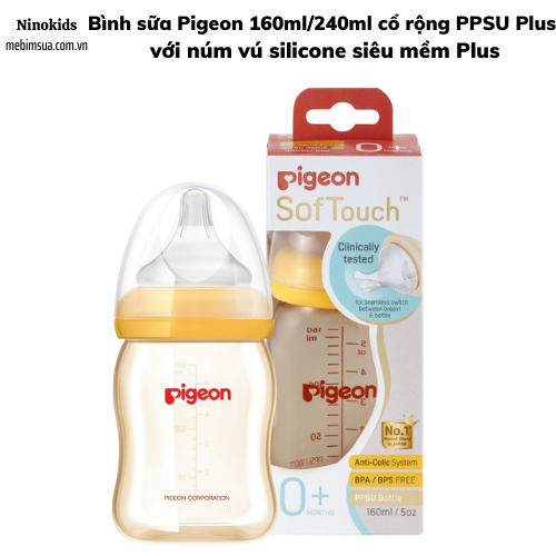Bình sữa Pigeon 160ml/240ml cổ rộng PPSU với núm silicon siêu mềm Plus
